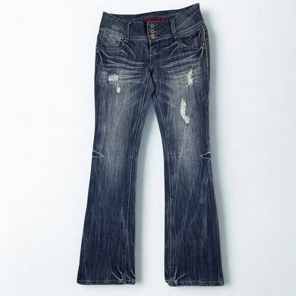 Bongo Jeans Womens 7 Blue Flare Distressed Rhinestone Pocket 3-Button Low Rise - Picture 1 of 11